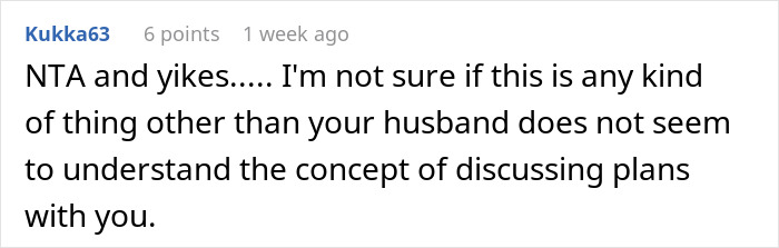 Reddit comment on MIL joining son and DIL's vacation, highlighting husband's lack of communication.