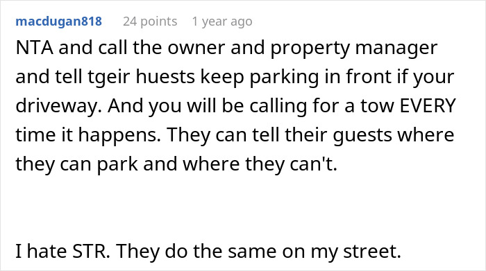 Text comment about car blocking a driveway and the suggestion to call the owner or property manager.