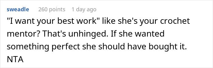 Comment discussing demands for perfection in handmade gifts.