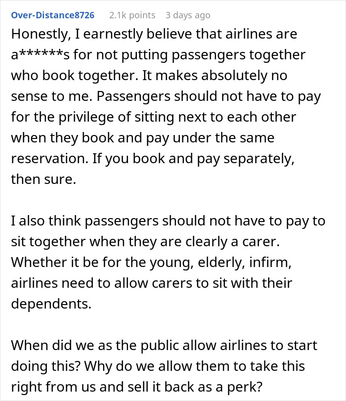 Text discussing airlines not seating passengers together without extra charge.