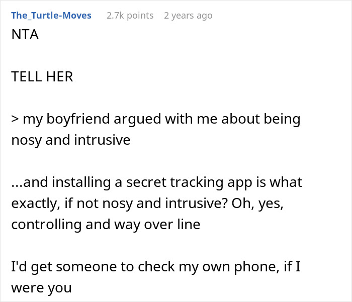 Reddit comment criticizing nosy behavior and secret tracking, with emphasis on boundaries.