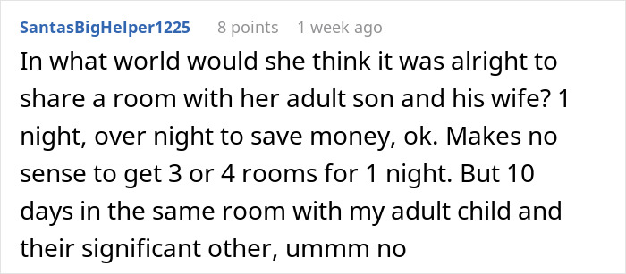 Comment discussing MIL sharing a hotel room with son and daughter-in-law during vacation.