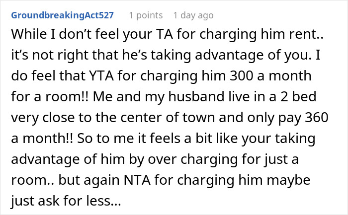 Text from an online comment discussing a woman charging her brother rent, suggesting it may be too high.