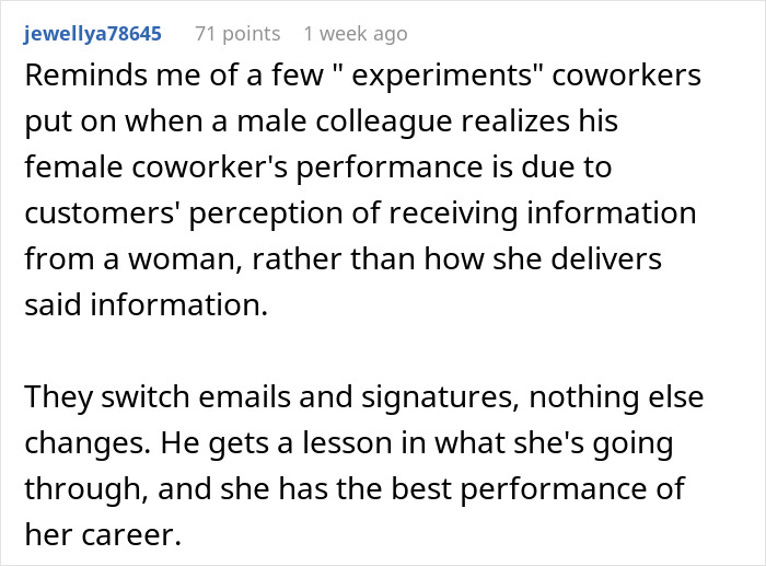 Text describing a woman's experience after copying men's email style, highlighting gender perceptions at work.