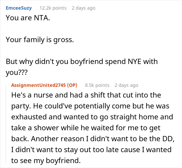 Reddit comment exchange about New Year's Eve family drama, discussing boyfriend's absence.