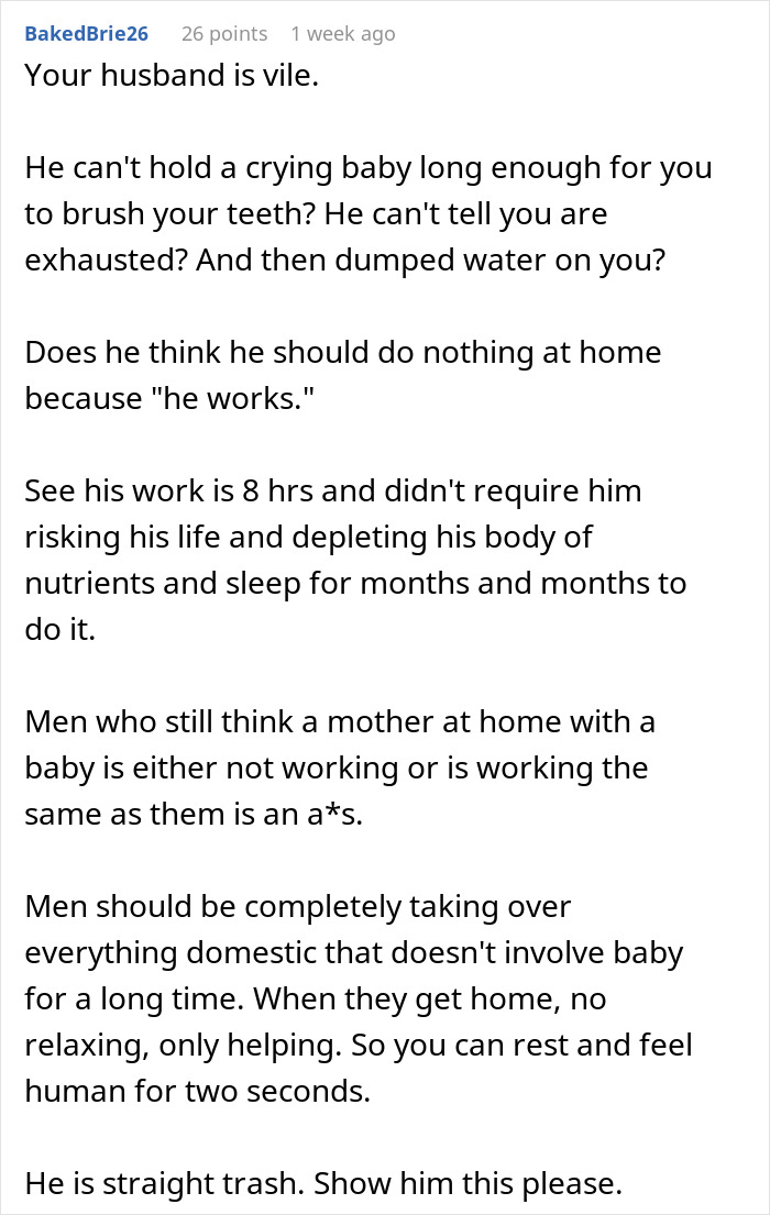 Text discussion on new mom overwhelmed by husband's unsupportive behavior and stress at home.