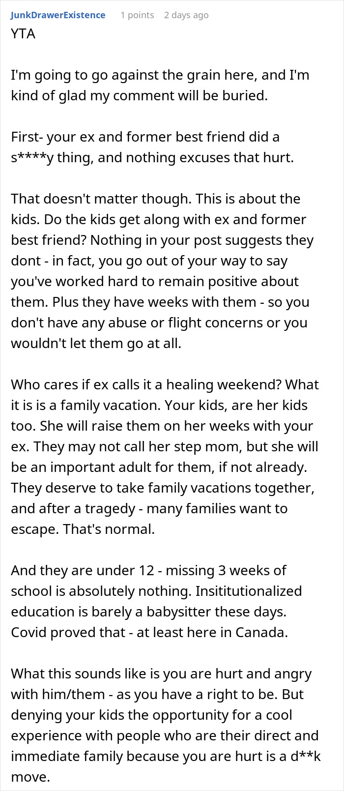 Reddit comment discussing a woman's unwillingness to support ex-husband and friend.