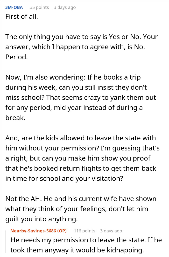 Discussion about ex-husband's travel plans and permission in online forum.