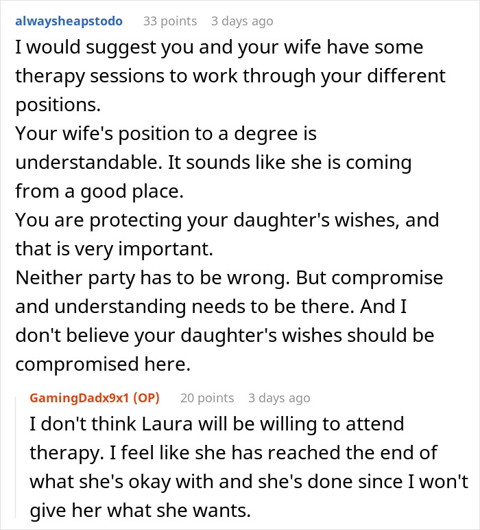 Reddit comments discussing a dad's priority for his daughter's safety, health, and happiness.