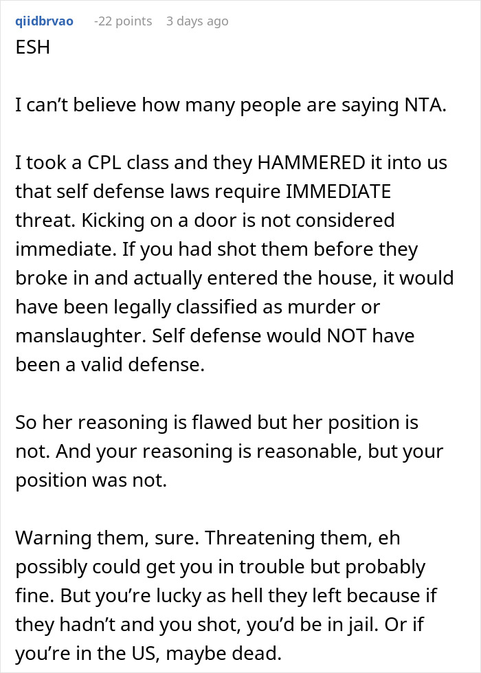 Comment discussing self-defense laws and consequences of threatening intruders with a gun.