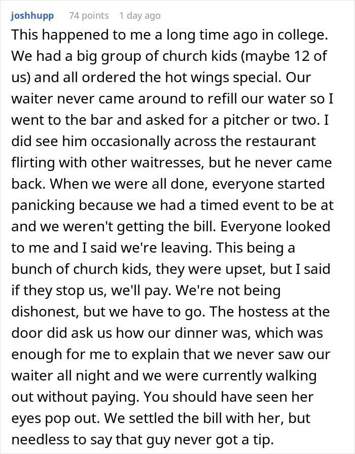 Text story of a group left unattended by staff at a restaurant, resulting in no tip.