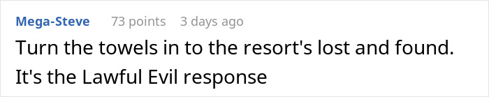 Reddit comment about petty revenge at resort, suggesting towels be handed to lost and found for a "Lawful Evil" response.