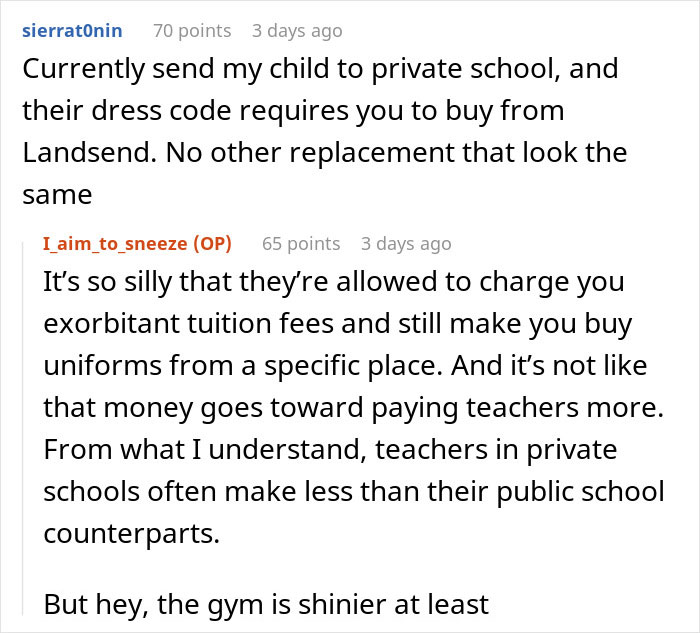 Image showing a discussion on the inconsistencies in private school dress codes and tuition fees compliance.