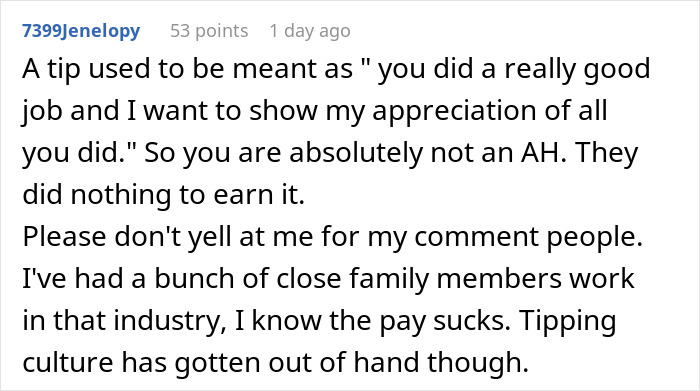 A comment discussing tipping culture, highlighting the issues with automatic tipping expectations.