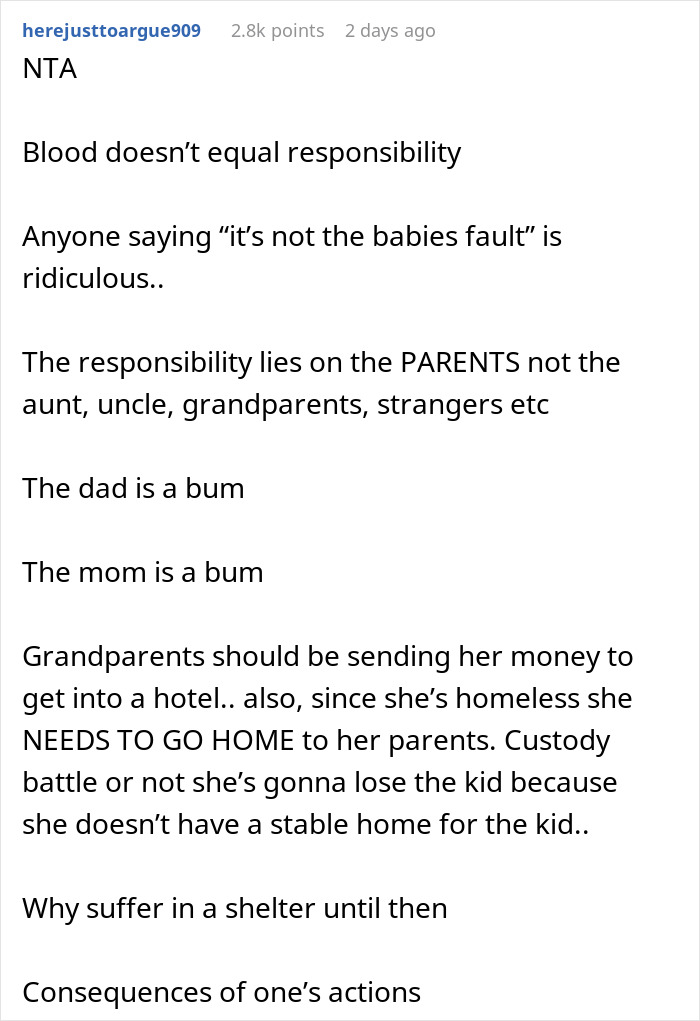 Reddit comment discussing responsibility and consequences of homelessness.