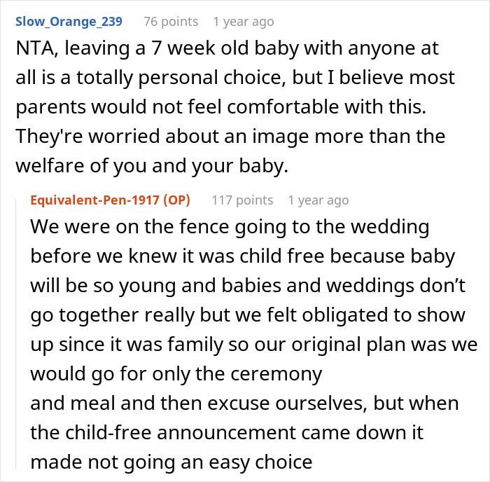 Reddit comments discussing family pressures about bringing a baby to a child-free wedding.