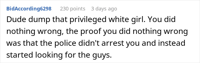 Reddit comment defending a guy's decision to confront intruders, discussing police response.