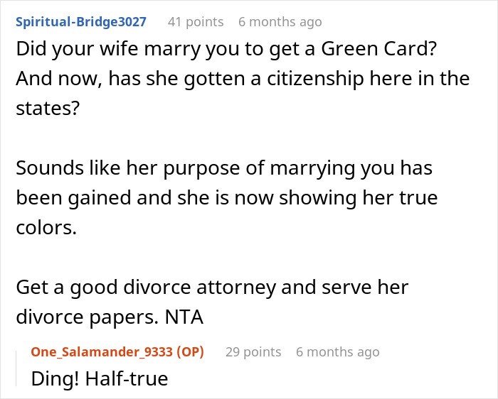 Reddit comment about in-laws and relationship exclusion dynamics with suggestion for divorce.