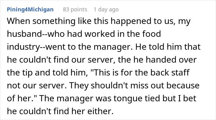 Reddit comment discussing staff forgetting customers, tip given to back staff instead.