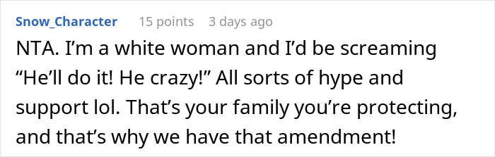 Comment supporting self-defense with a gun, referencing family protection and constitutional rights.