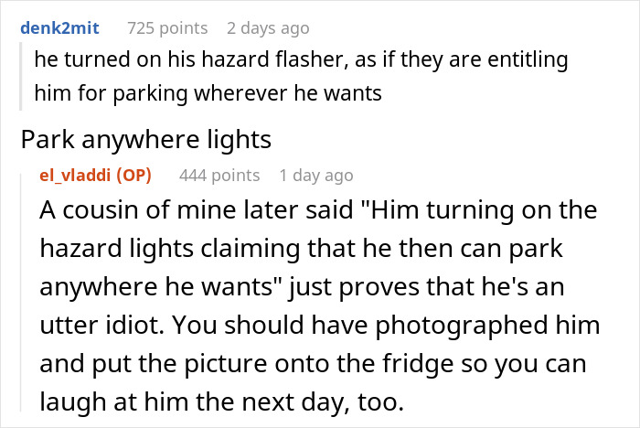 Text exchange about a van driver using hazard lights to park anywhere, with humorous commentary on the action.