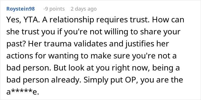 Comment discussing trust in a relationship about sharing social security number for a background check.