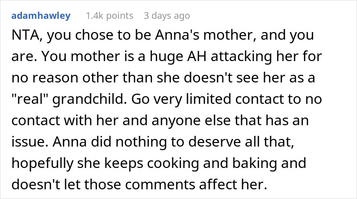 Comment criticizing grandma's view on step-granddaughter and her own cooking skills.