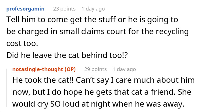 Online exchange discussing a friend skipping out on rent, stealing a cat, and leaving a mess behind.