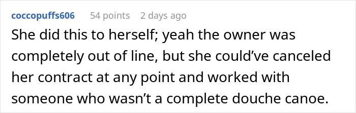 Reddit comment discussing a wedding caterer's unprofessional behavior with a bride.