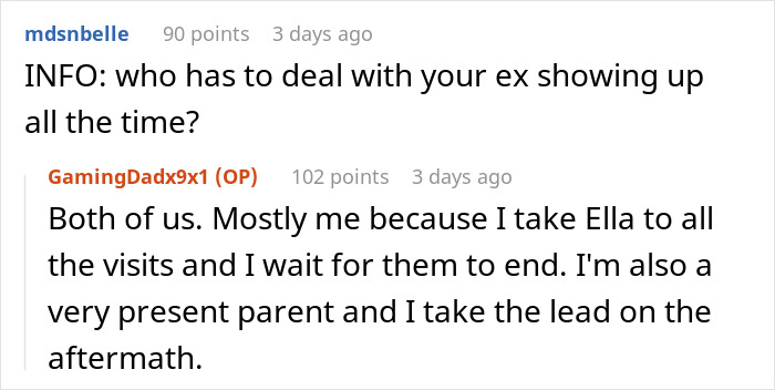 Reddit conversation about a dad handling ex's visits, focusing on his daughter’s safety, health, and happiness.