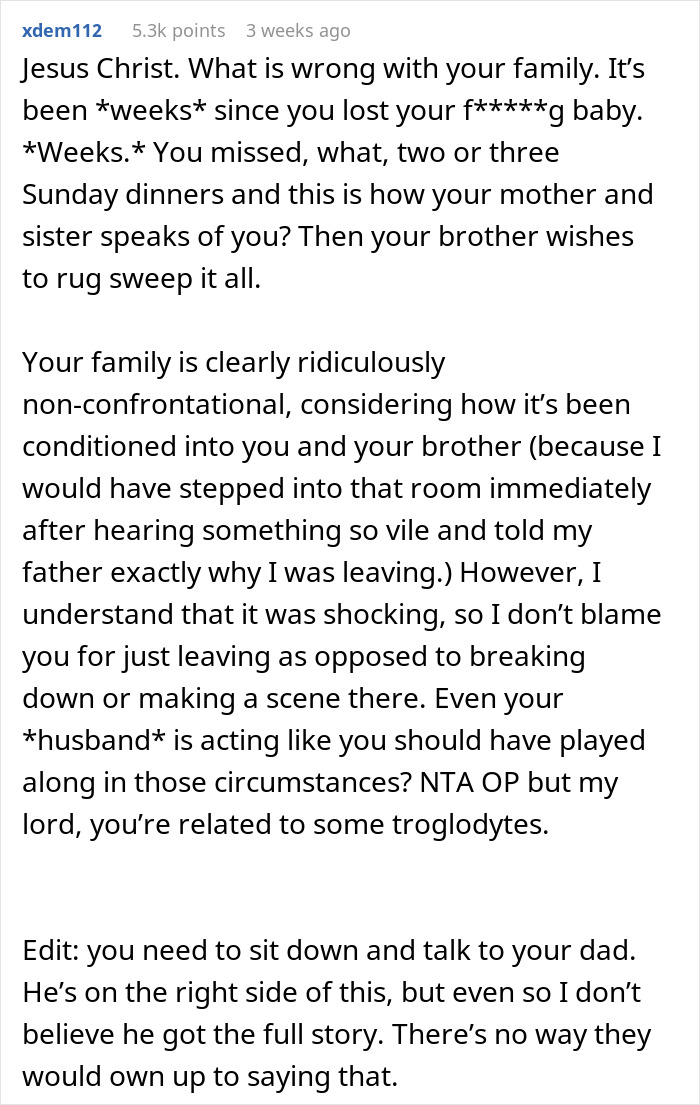 Reddit comment discussing a pregnant woman making a mean comment about her sister's miscarriage.