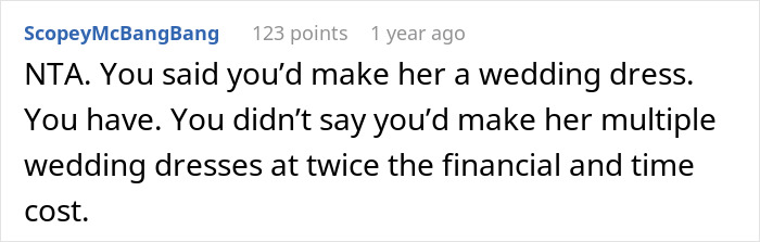 Reddit comment discussing bridal shop owner's refusal to make a second free wedding dress.