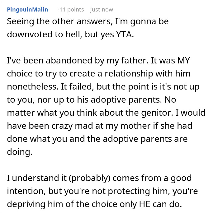 Text on a forum discussing guilt-trip from teen father about adoption decision 16 years later.