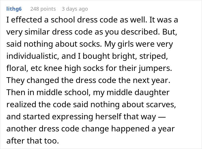 Comment about mom using school dress code loophole with socks and scarves.