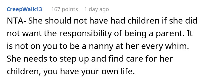 Reddit comment expressing opinion on responsibility, suggesting a woman shouldn't feel obliged to babysit her sister's kids.