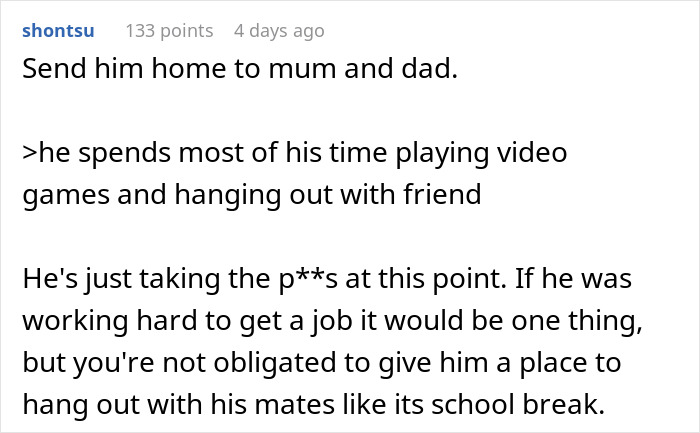 Comment discussing brother's rent payment while spending time on games, suggesting he should return to parents.