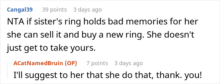 Reddit comment about sisters arguing over an heirloom ring and advice on selling it if it holds bad memories.