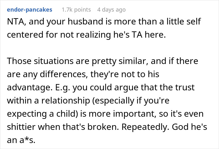 Reddit comment discussing a husband's behavior regarding privacy and pregnancy issues.