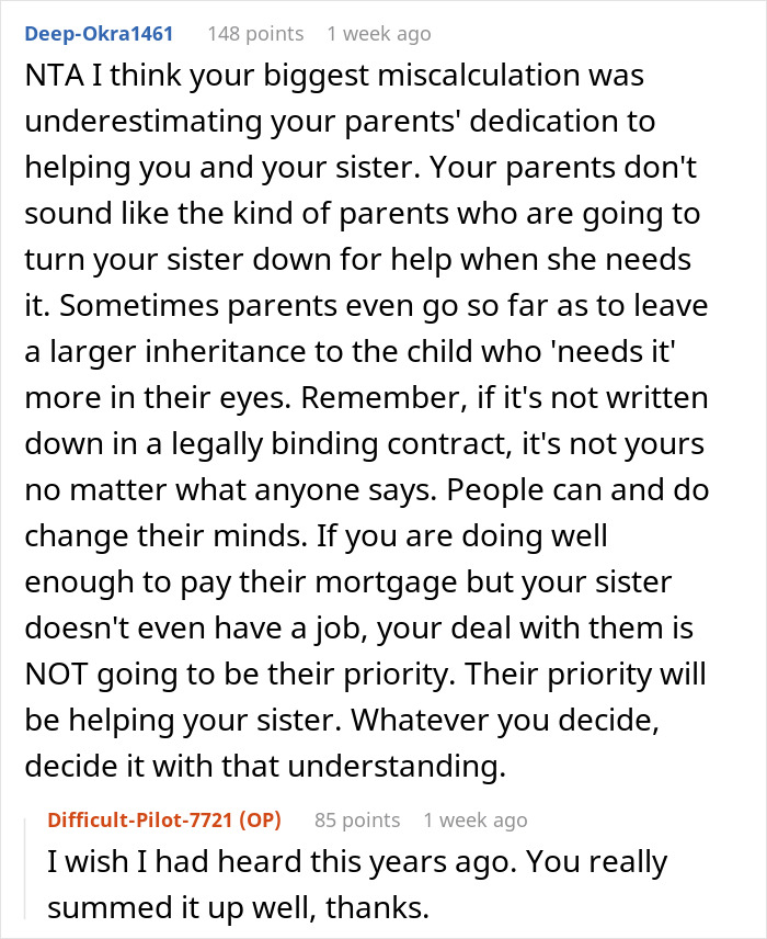 Reddit discussion about a man paying mortgage, parents' dedication, and a jobless sister moving in.