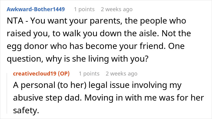 Comment about who should walk down the aisle, with a response about legal issues regarding a stepdad.