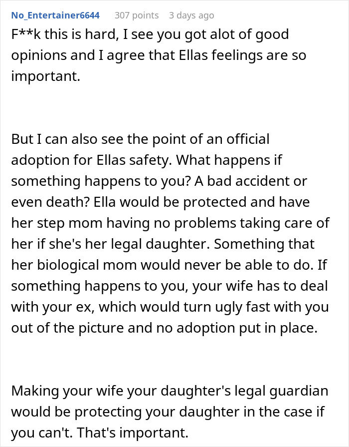 Comment about father's refusal of daughter's adoption, discussing safety, health, and happiness.