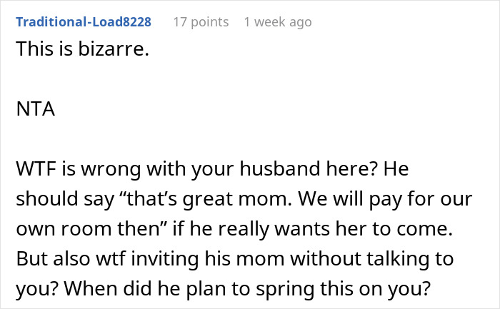 Reddit comment questioning MIL joining son and DIL's vacation room.