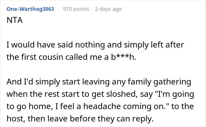 Reddit comment about handling family New Year's Eve drama, suggesting to leave early.