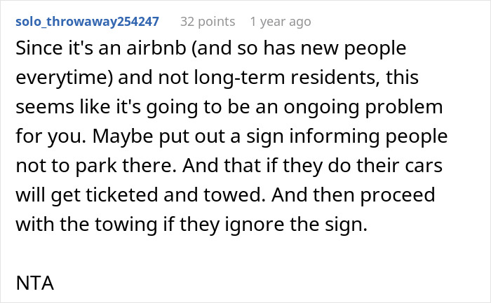 Reddit comment discussing issues with car blocking driveway near an Airbnb and suggesting towing.