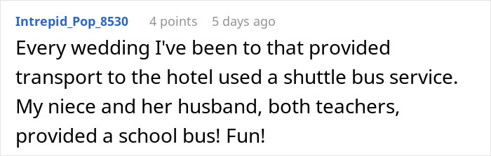 Text comment about wedding transport using school bus instead of shuttle for guests.