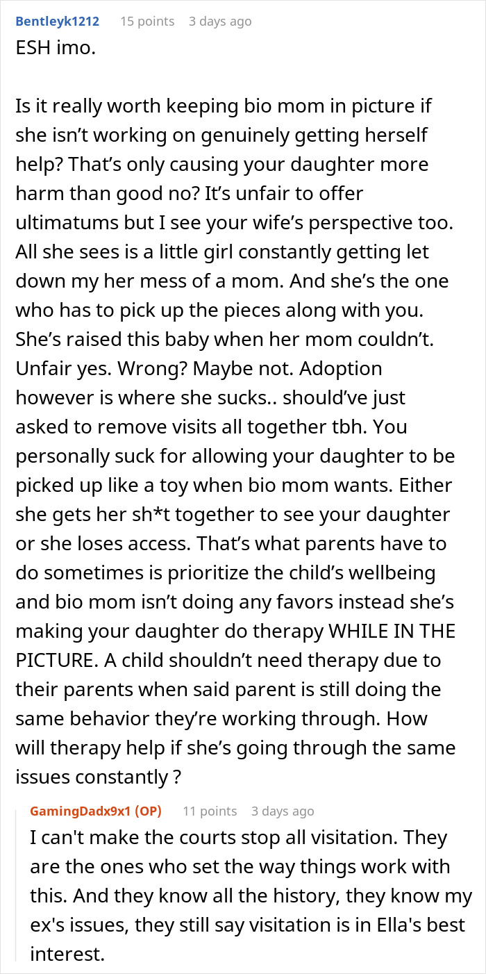 Online discussion about a father's decision on daughter's adoption, focusing on her safety, health, and happiness.