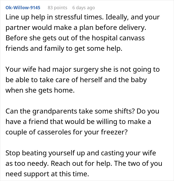 Advice on supporting wife post-C-section, emphasizing help from family and friends.