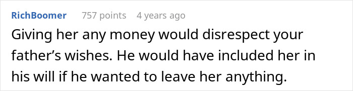 Comment on inheritance dispute, emphasizing father's wishes against giving money.