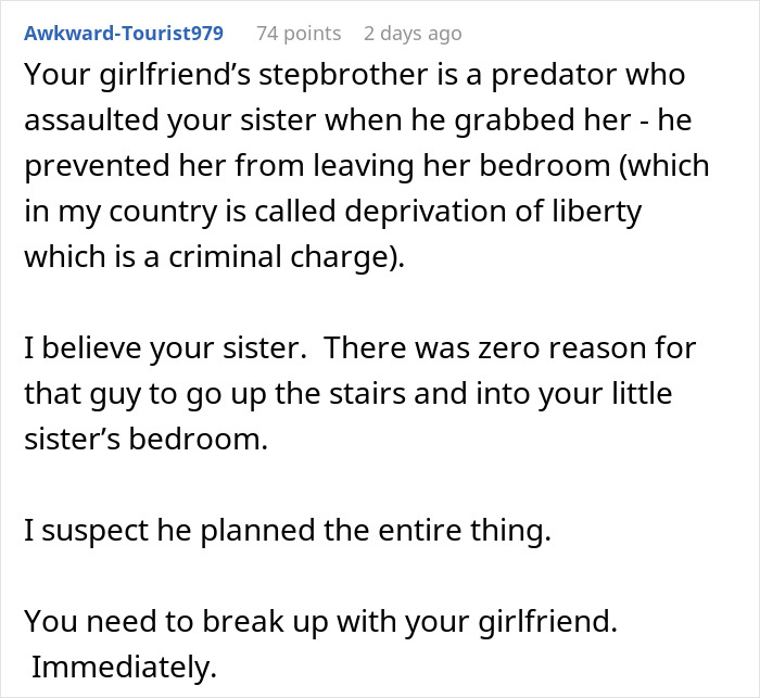 Text screenshot discussing an incident involving girlfriend's stepbrother and advice to break up.