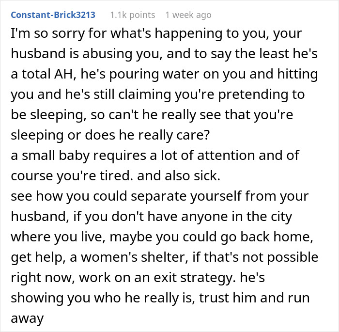 New mom reading a concerning online comment about her husband's behavior, feeling overwhelmed and seeking advice.